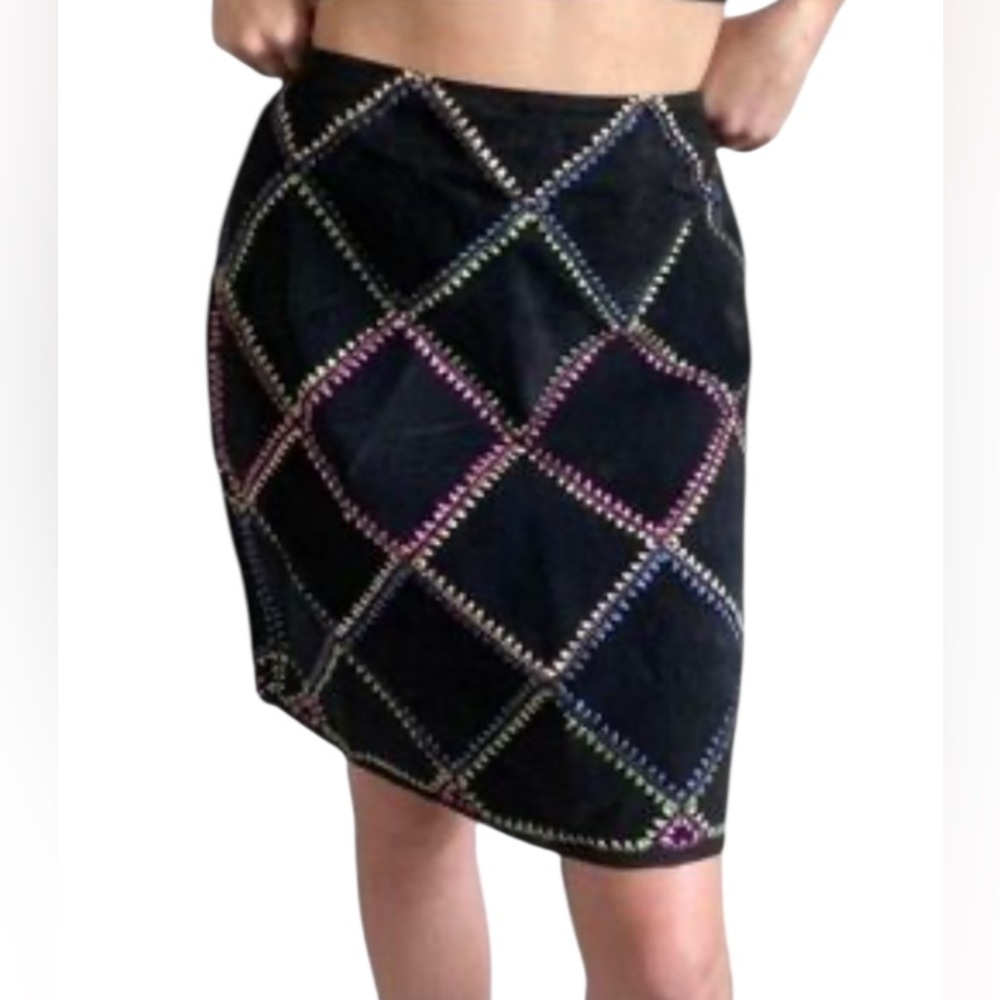 Metrostyle Vintage Leather/Suede Diamond Multicolor Pencil Skirtsz8